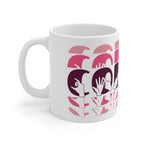 White mug featuring the phrase Coffee written in BSL Fingerspelling and Text wrapping around the mug in pink cutaway design. The mug handle is on the left hand side of the mug.