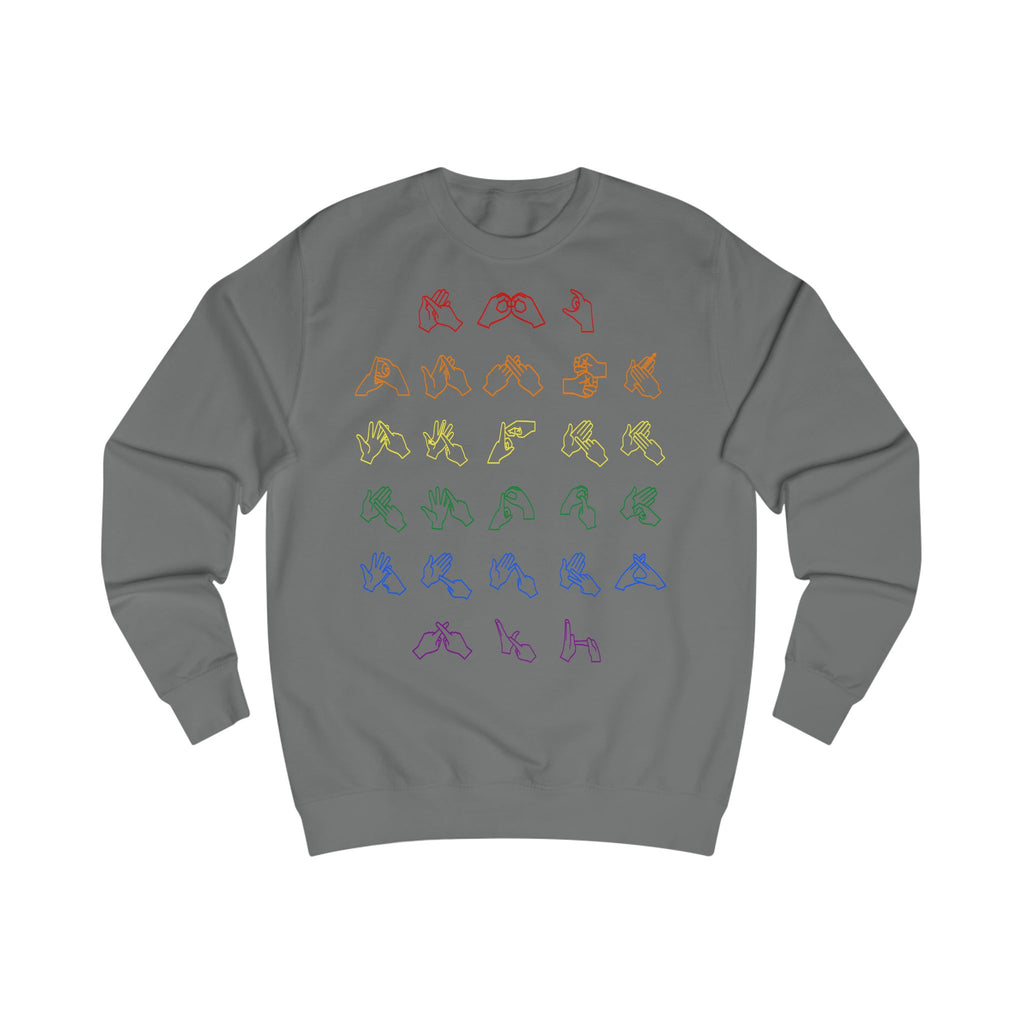 Front view of a heather grey sweatshirt with BSL Alphabet - Pride Fingerspelling