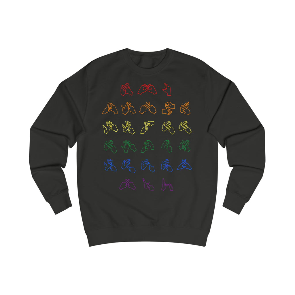 Front view of a jet black sweatshirt with BSL Alphabet - Pride Fingerspelling