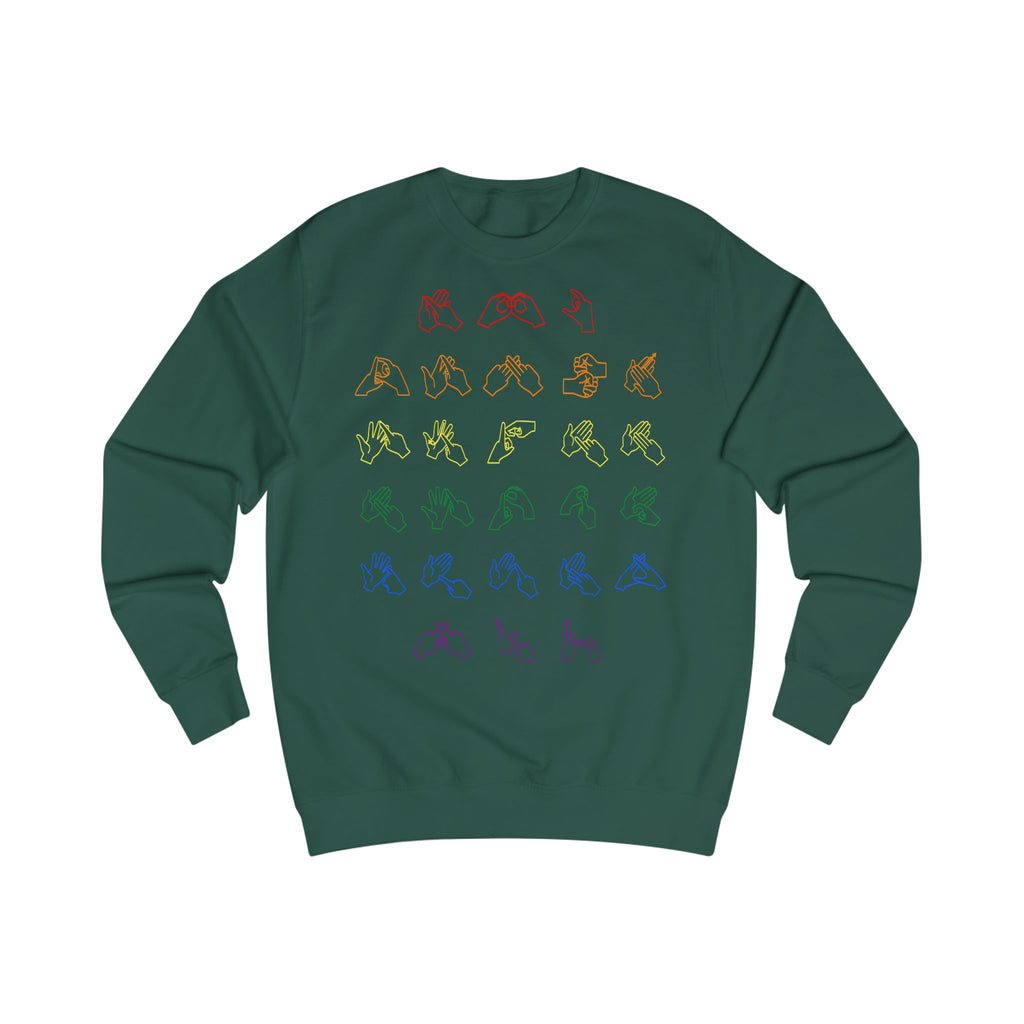 Front view of a bottle green sweatshirt with BSL Alphabet - Pride Fingerspelling