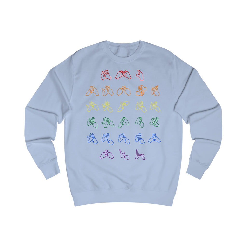 Front view of a sky blue sweatshirt with BSL Alphabet - Pride Fingerspelling