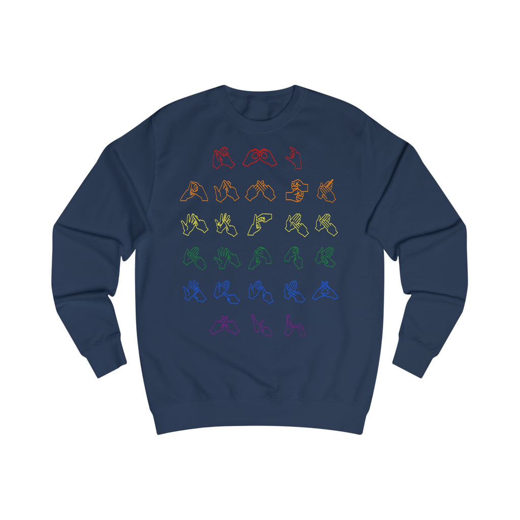 Front view of a oxford navy sweatshirt with BSL Alphabet - Pride Fingerspelling