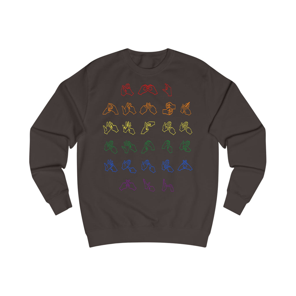 Front view of a hot chocolate sweatshirt with BSL Alphabet - Pride Fingerspelling