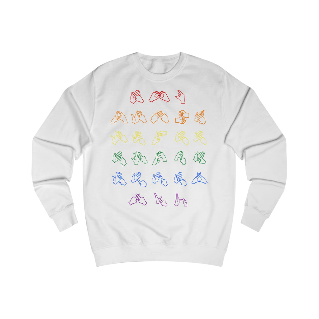 Front view of a artic white sweatshirt with BSL Alphabet - Pride Fingerspelling
