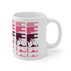 White mug featuring the phrase Coffee written in BSL Fingerspelling and Text wrapping around the mug in pink cutaway design. The mug handle is on the right hand side of the mug.