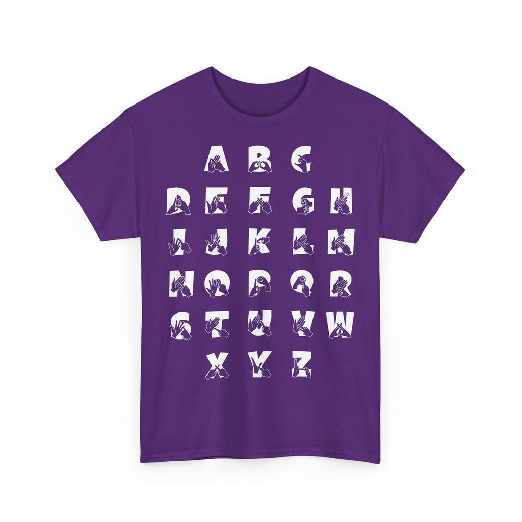 Front view of a Purple t-shirt with BSL Alphabet - White Fingerspelling & Text