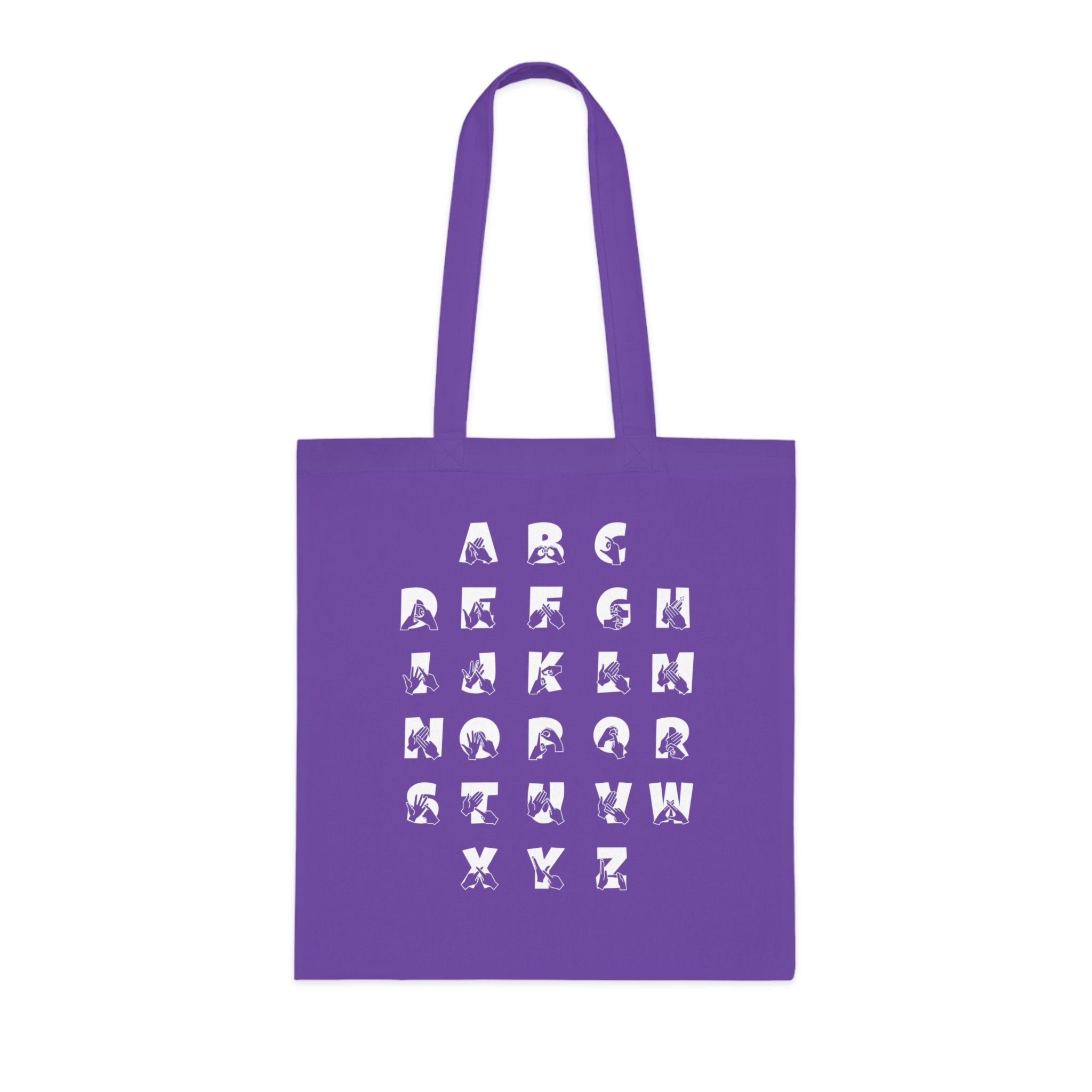Lavender Tote Bag with BSL Alphabet - White Fingerspelling & Text