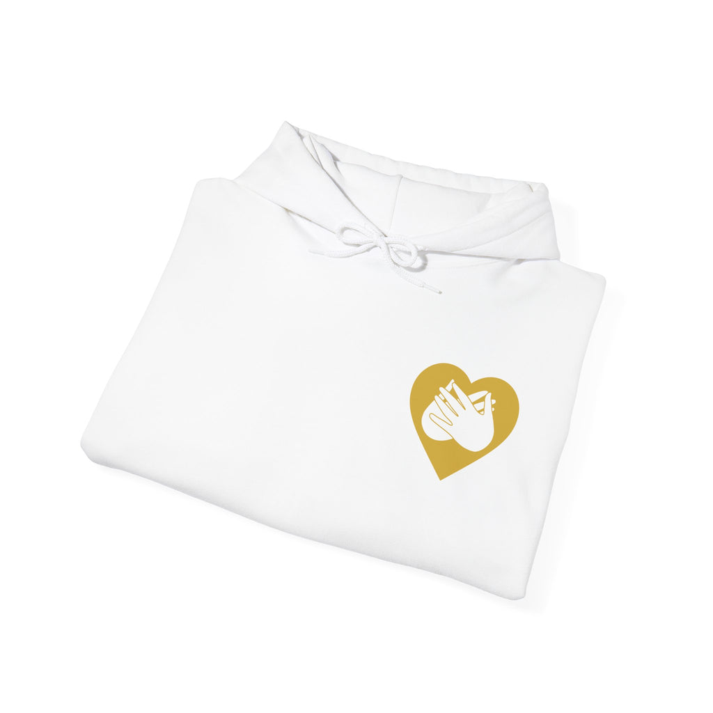 Folded white hoodie showing a gold coloured heart and the iconic BSL Love sign embedded in it on the left side of the chest