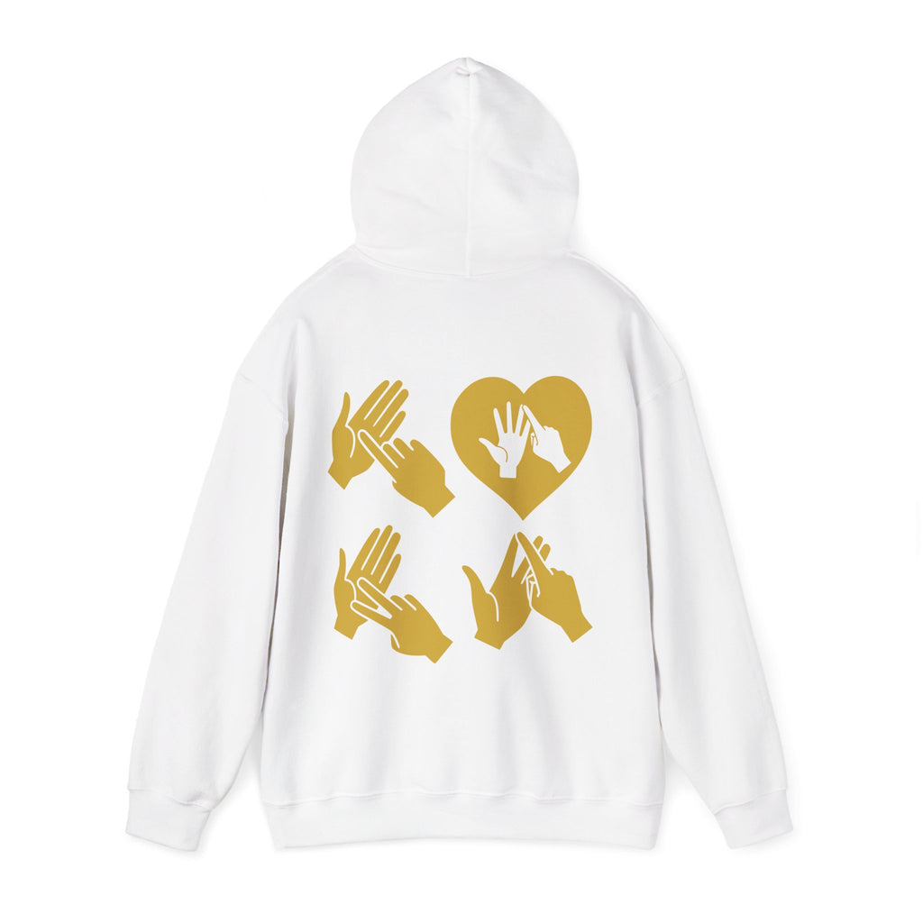Back view of a white hoodie with the word Love in gold BSL Fingerspelling with the 'O' embedded in a heart shape