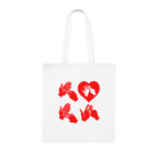 White Tote Bag with the word Love in red BSL Fingerspelling with the 'O' embedded in a heart shape