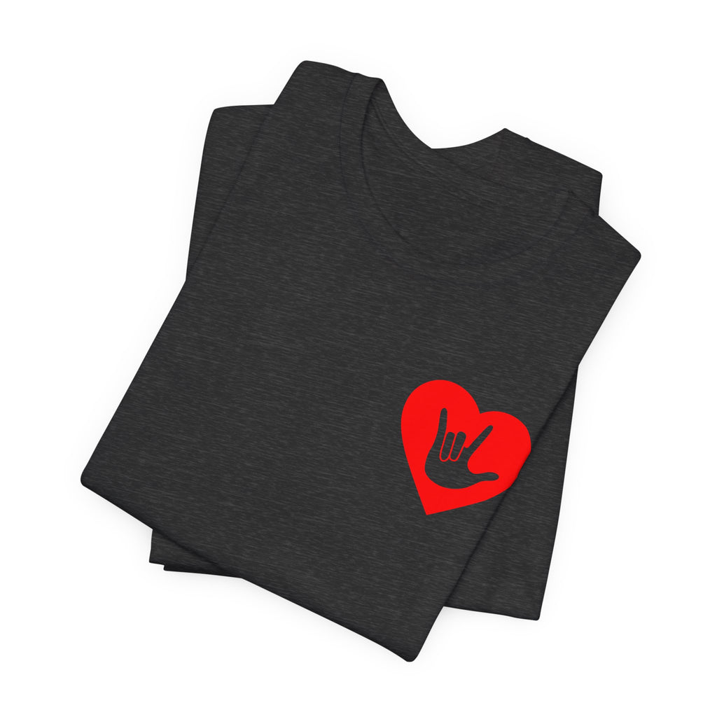 Folded dark grey heather T-Shirt showing a red coloured heart and the iconic ASL I Love You sign embedded in it on the left side of the chest