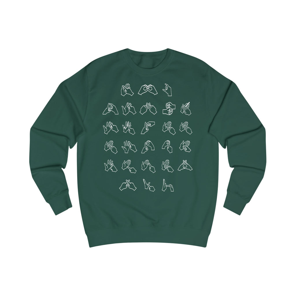 Front view of a bottle green sweatshirt with BSL Alphabet - White Fingerspelling
