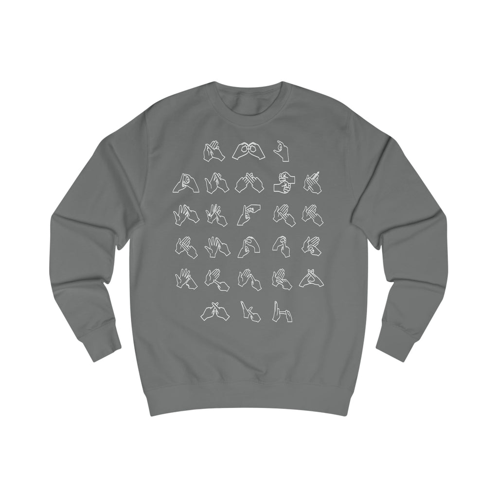Front view of a steel grey sweatshirt with BSL Alphabet - White Fingerspelling