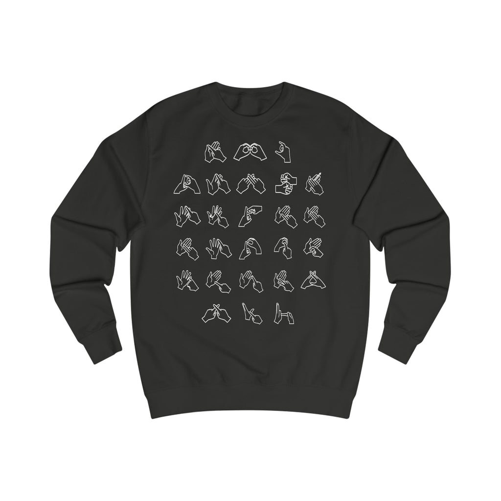 Front view of a jet black sweatshirt with BSL Alphabet - White Fingerspelling