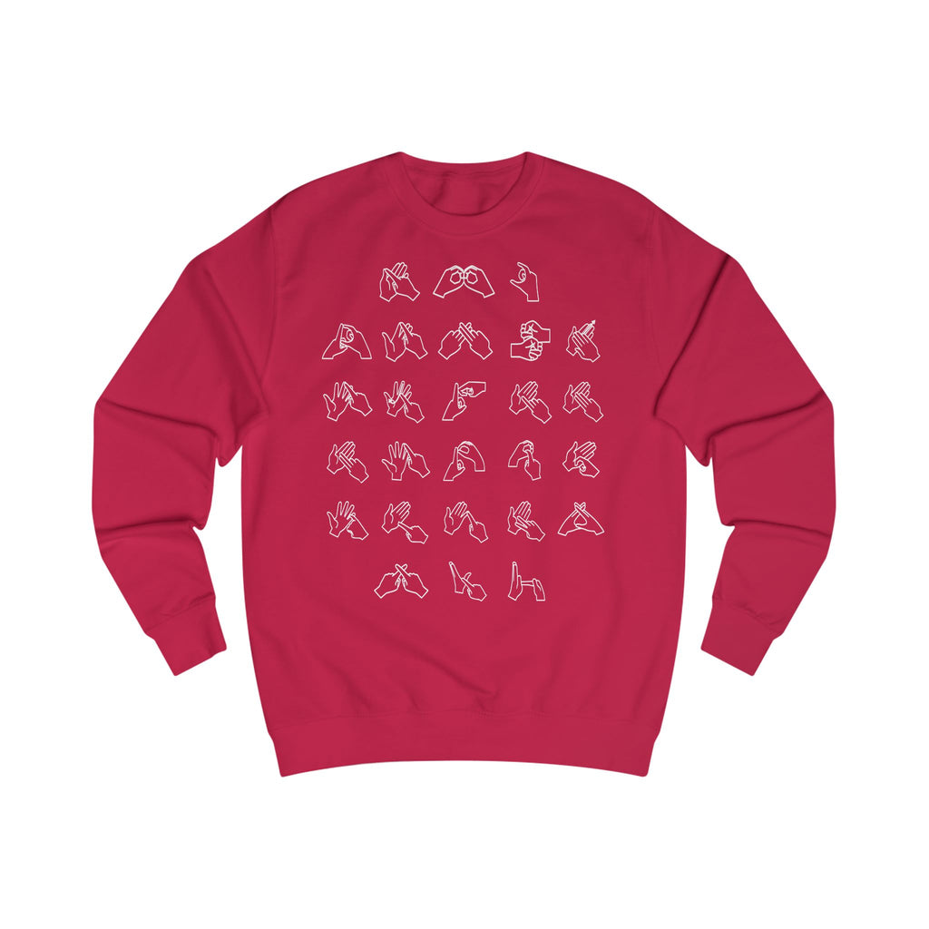 Front view of a fire red sweatshirt with BSL Alphabet - White Fingerspelling