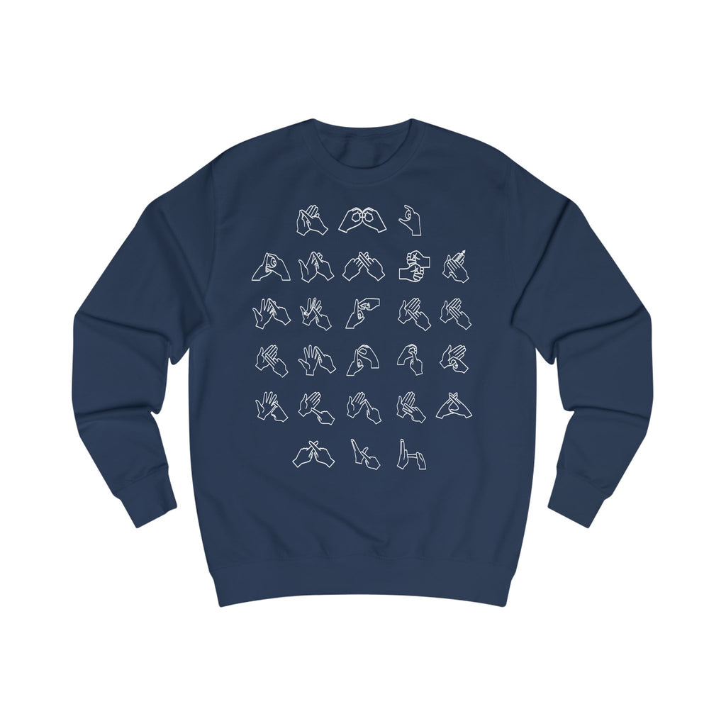 Front view of a oxford navy sweatshirt with BSL Alphabet - White Fingerspelling