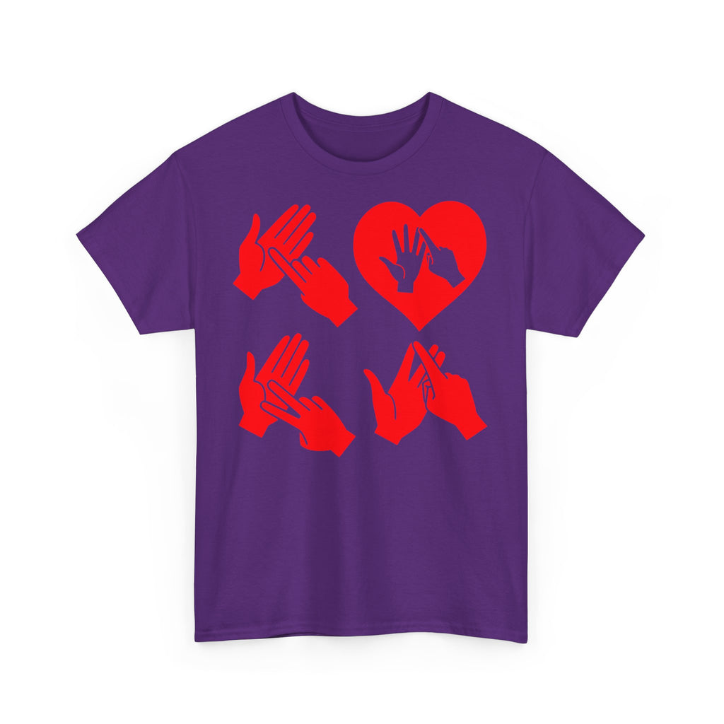 Front view of a purple T-Shirt with the word Love in red BSL Fingerspelling with the 'O' embedded in a heart shape 