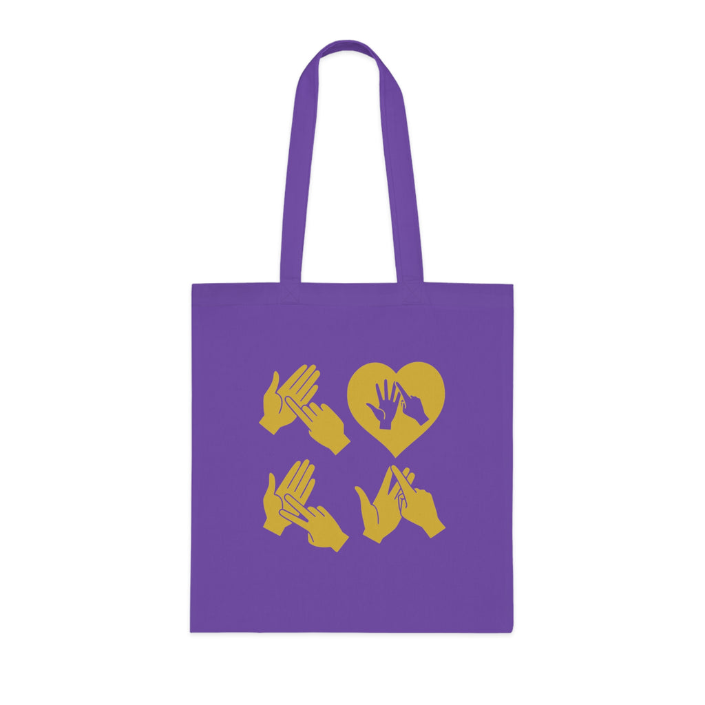 Lavender Tote Bag with the word Love in gold BSL Fingerspelling with the 'O' embedded in a heart shape