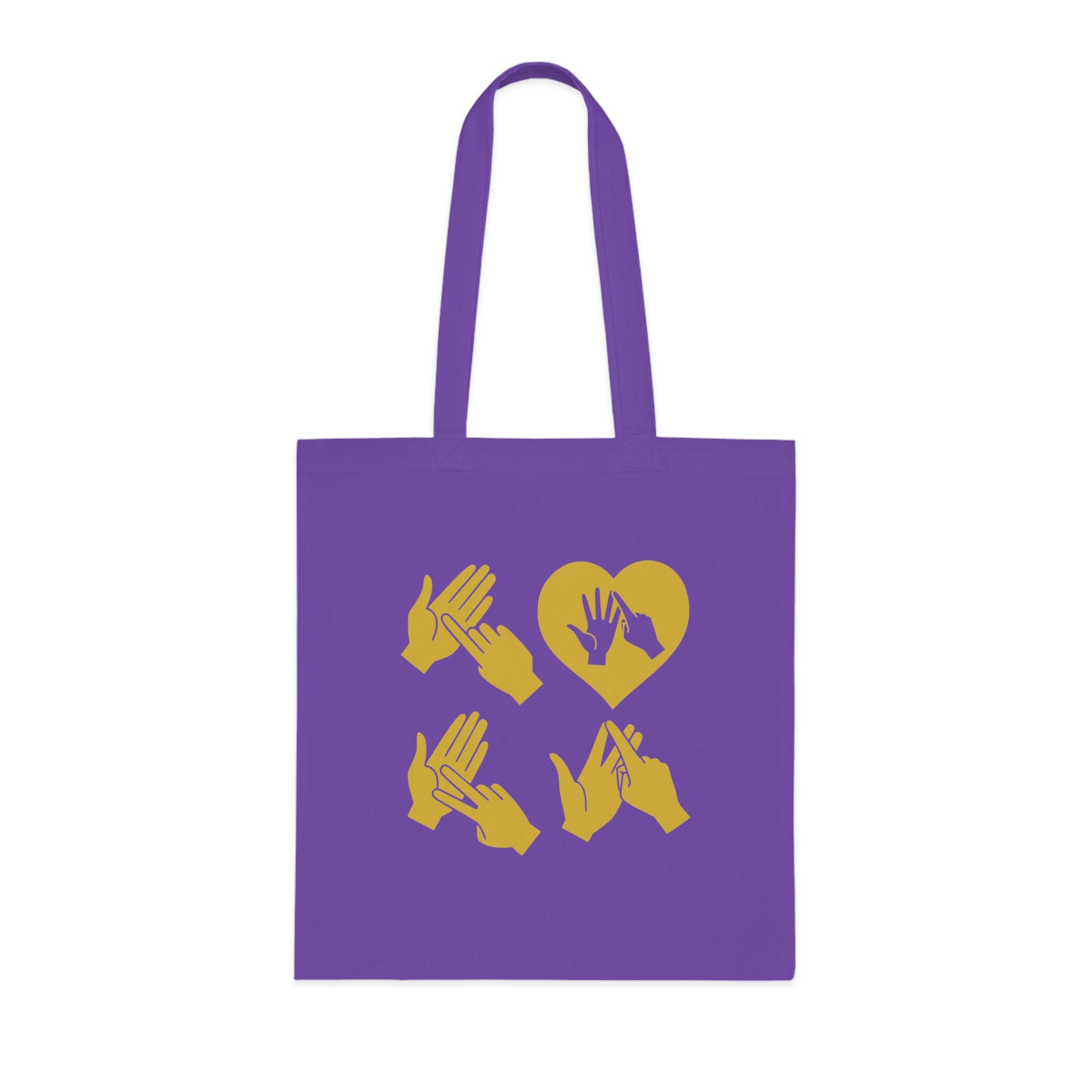 Lavender Tote Bag with the word Love in gold BSL Fingerspelling with the 'O' embedded in a heart shape