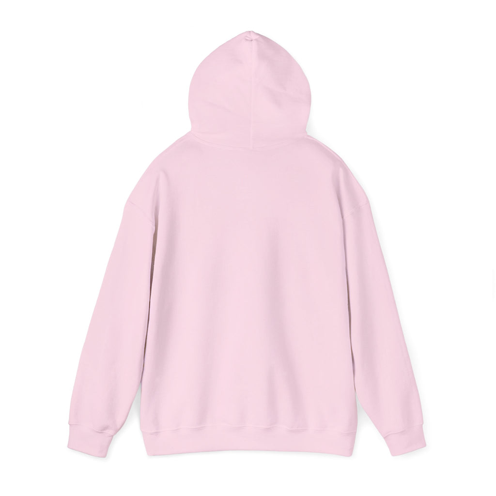 Back view of a light pink hoodie on a white background