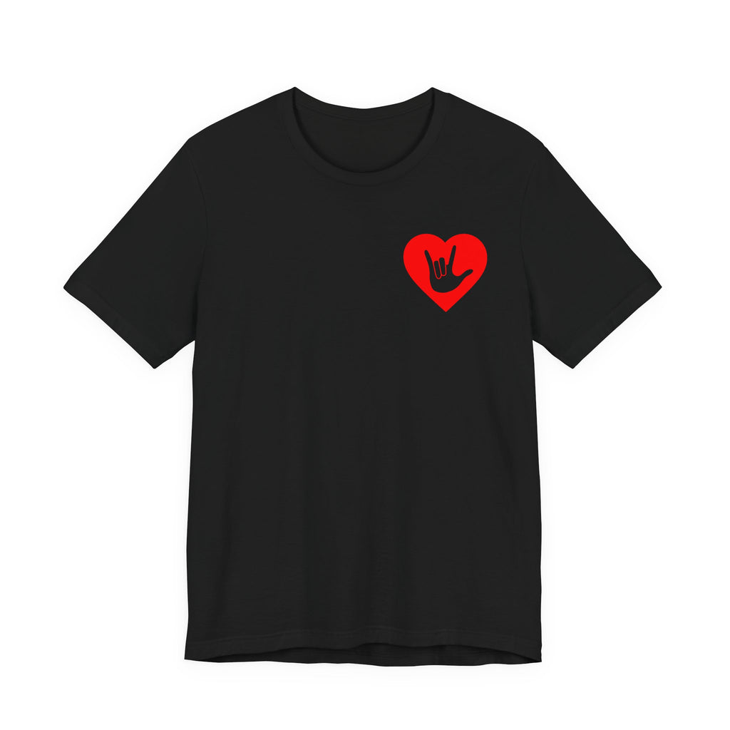 Front view of a black T-Shirt showing a red coloured heart and the iconic ASL I Love You sign embedded in it on the left side of the chest