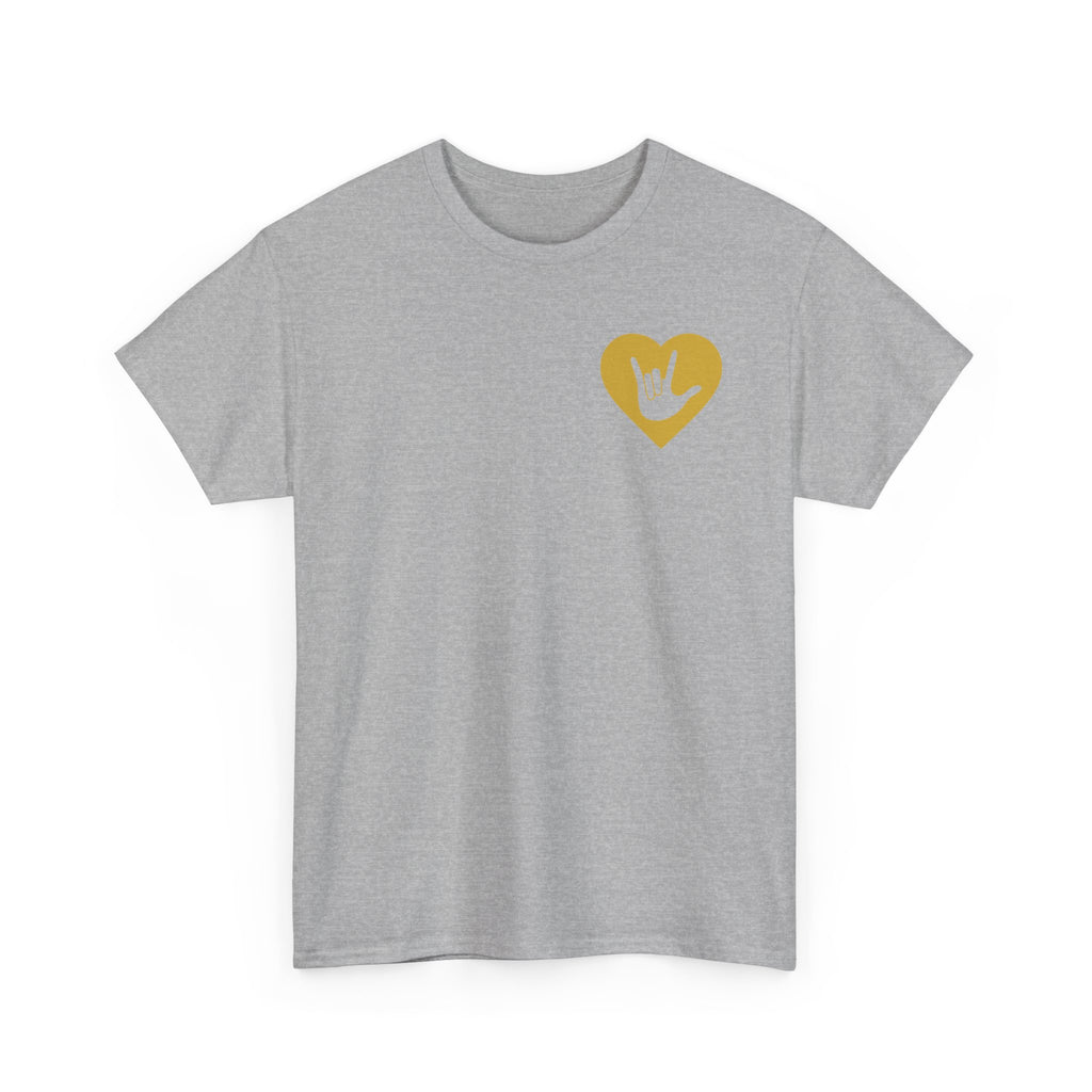 Front view of a sport grey T-Shirt showing a gold coloured heart and the iconic ASL I Love You sign embedded in it on the left side of the chest