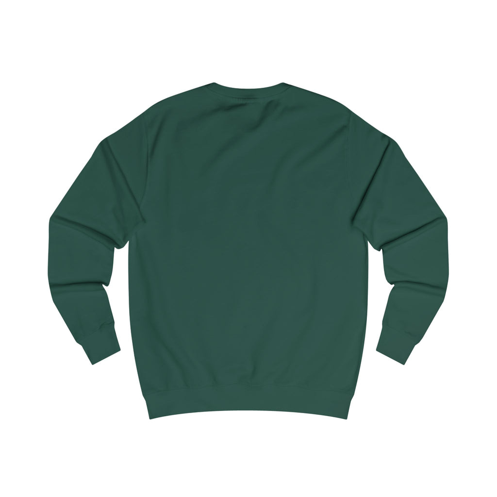 Back view of a bottle green sweatshirt with BSL Alphabet - White Fingerspelling