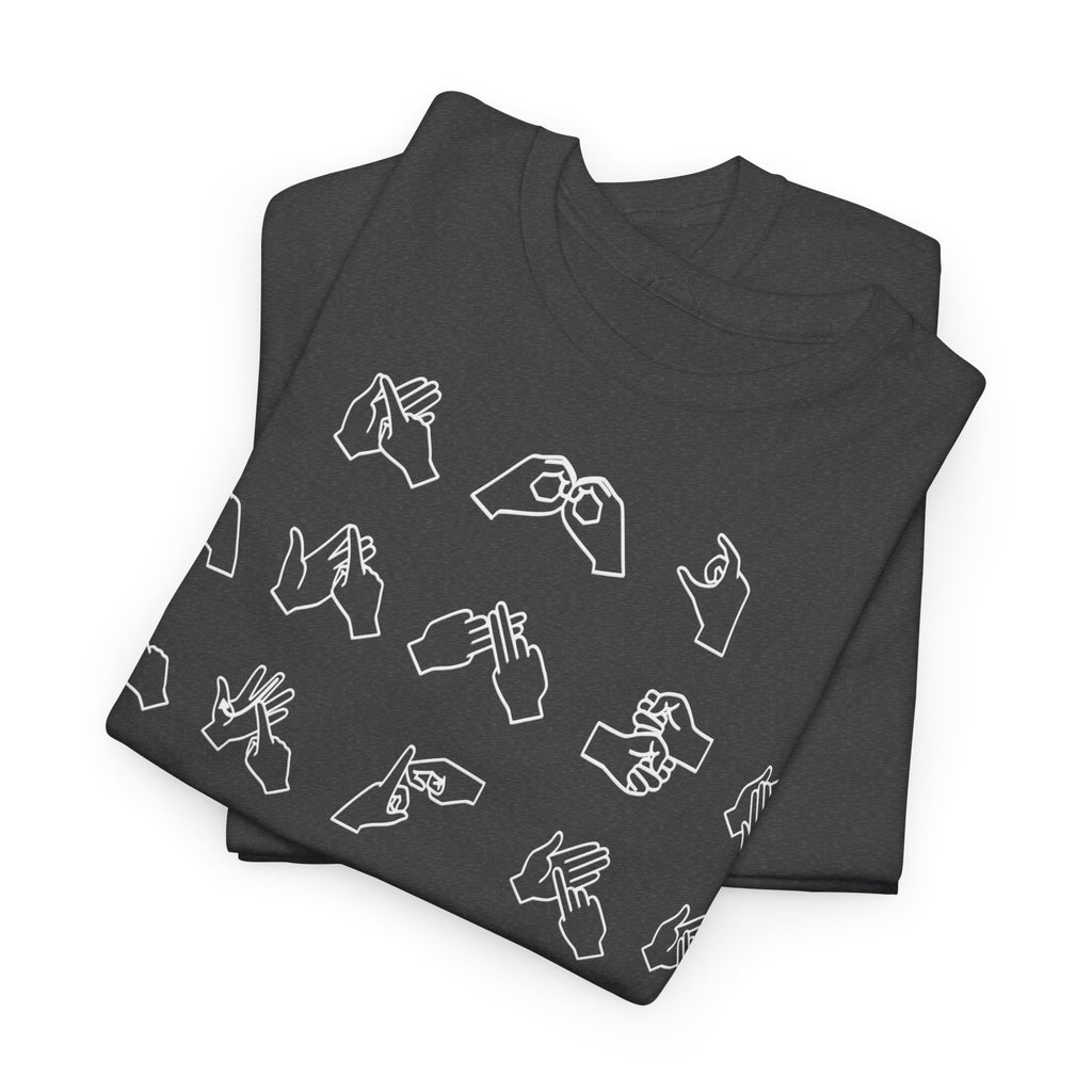 Folded Dark Heather t-shirt with BSL Alphabet - White Fingerspelling