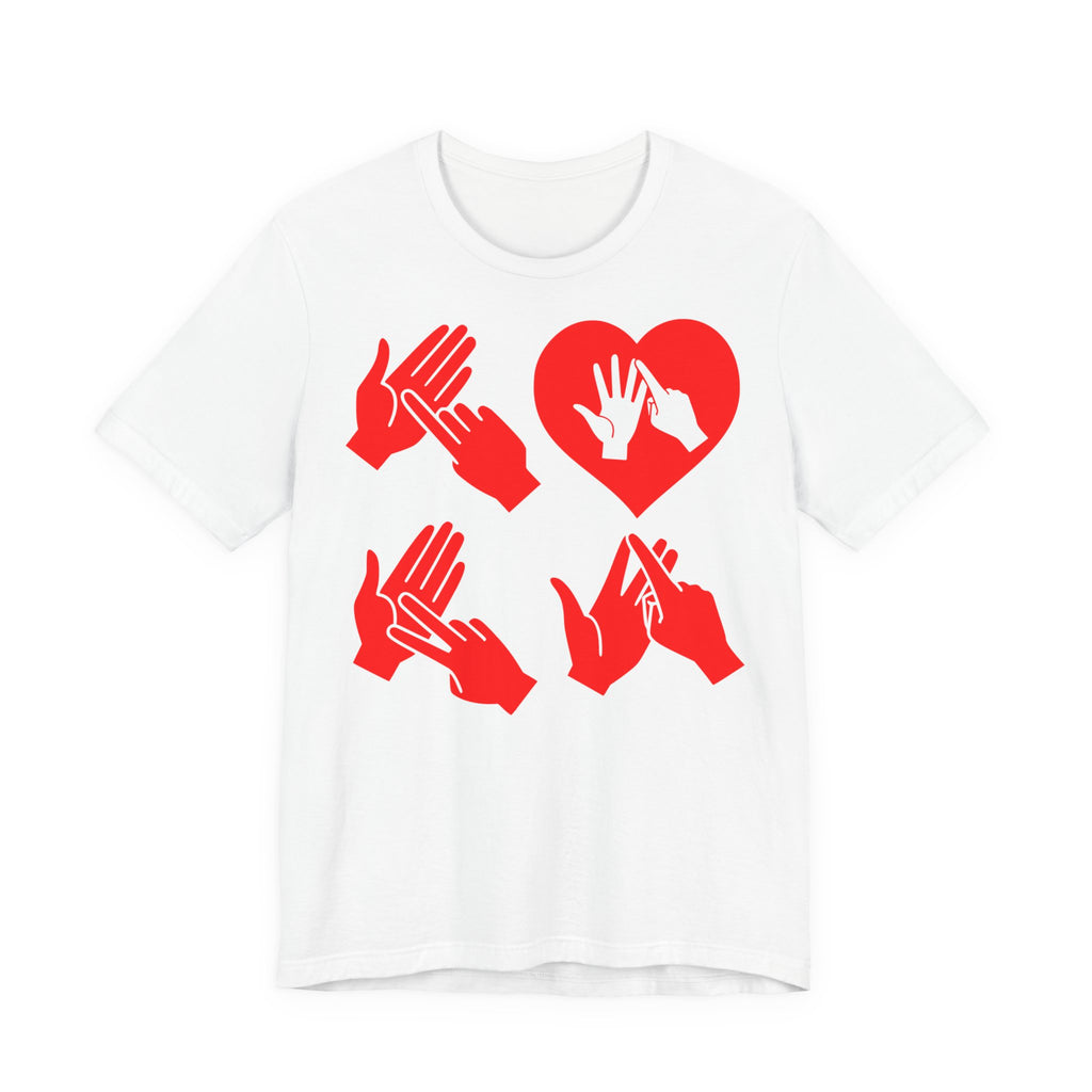 Front view of a white T-Shirt with the word Love in red BSL Fingerspelling with the 'O' embedded in a heart shape