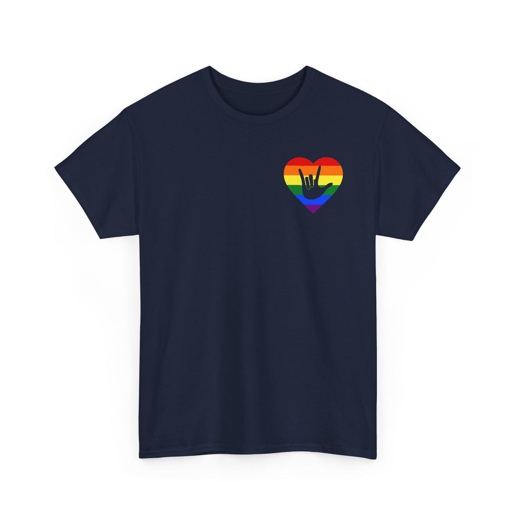 Front view of a navy T-Shirt showing a pride coloured heart and the iconic ASL I Love You sign embedded in it on the left side of the chest