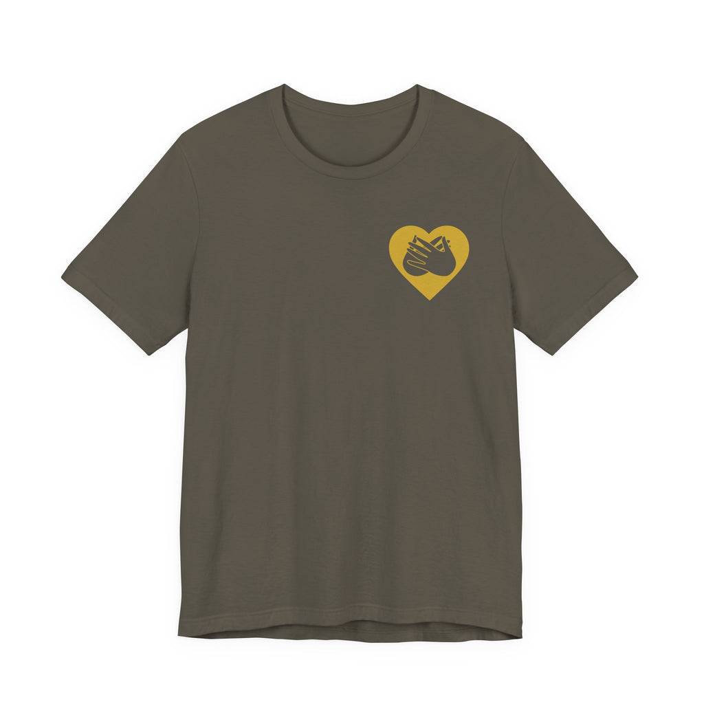Front view of a army T-Shirt showing a gold coloured heart and the iconic BSL Love sign embedded in it on the left side of the chest