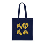 Navy blue Tote Bag with the word Love in gold BSL Fingerspelling with the 'O' embedded in a heart shape