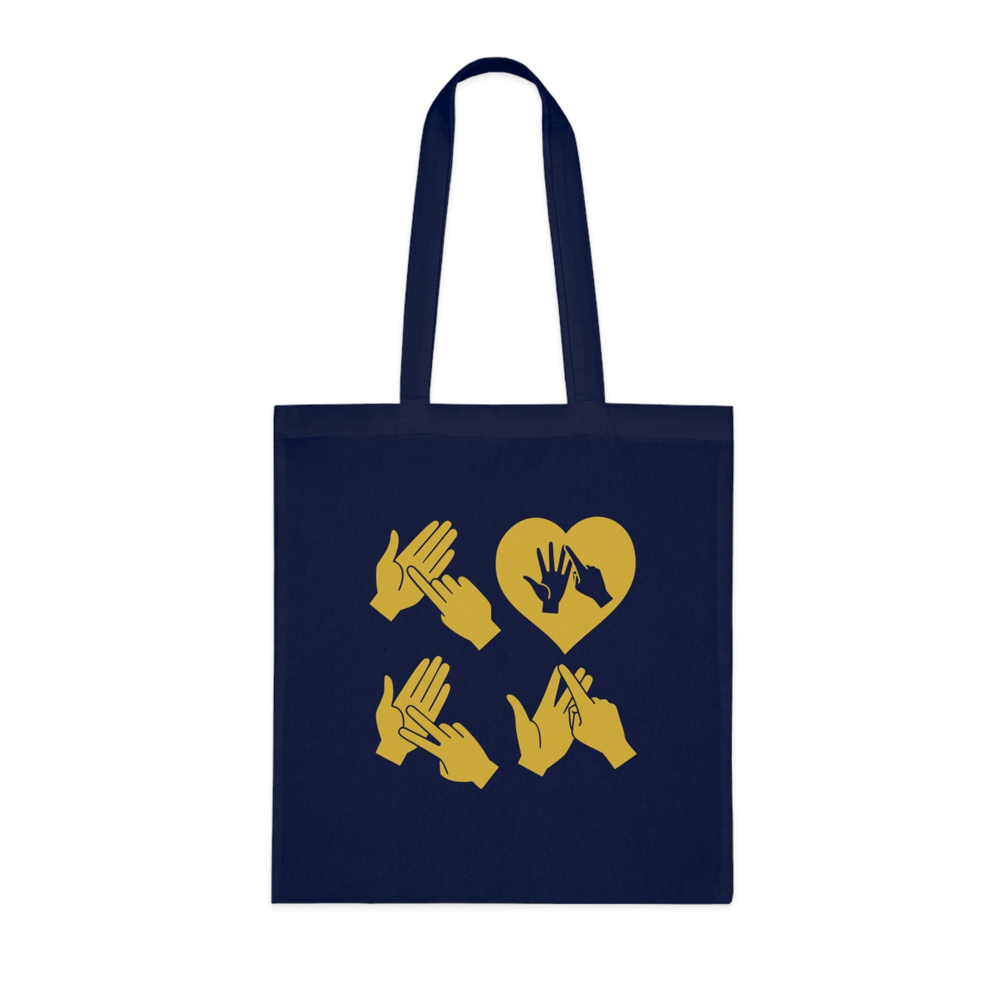Navy blue Tote Bag with the word Love in gold BSL Fingerspelling with the 'O' embedded in a heart shape