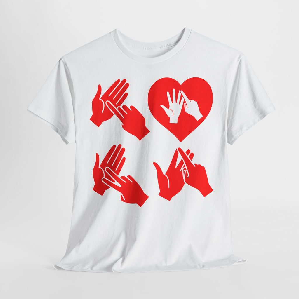 Front view of a white T-Shirt with the word Love in red BSL Fingerspelling with the 'O' embedded in a heart shape on a light grey background