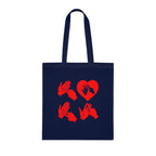 Navy blue Tote Bag with the word Love in red BSL Fingerspelling with the 'O' embedded in a heart shape