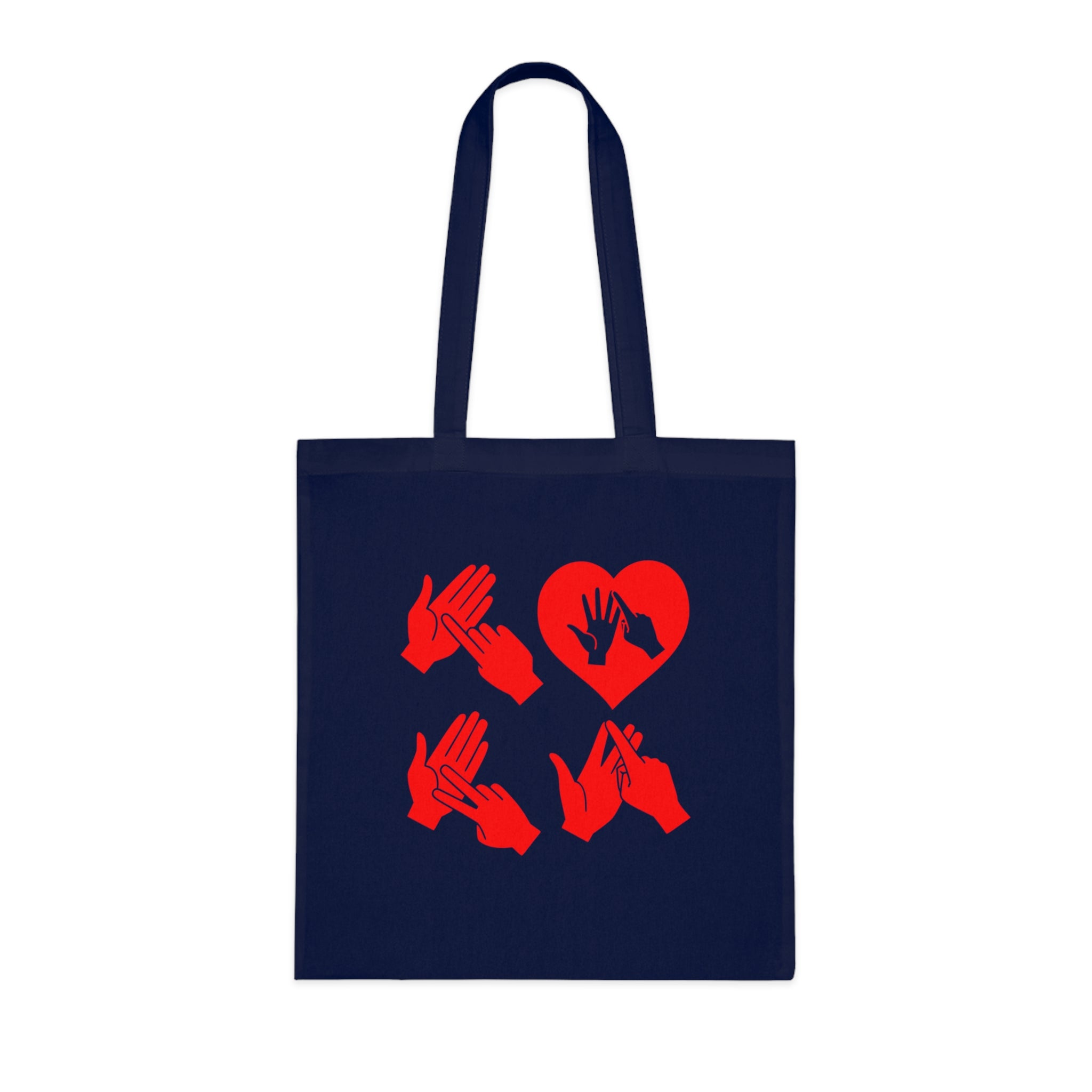 Navy blue Tote Bag with the word Love in red BSL Fingerspelling with the 'O' embedded in a heart shape