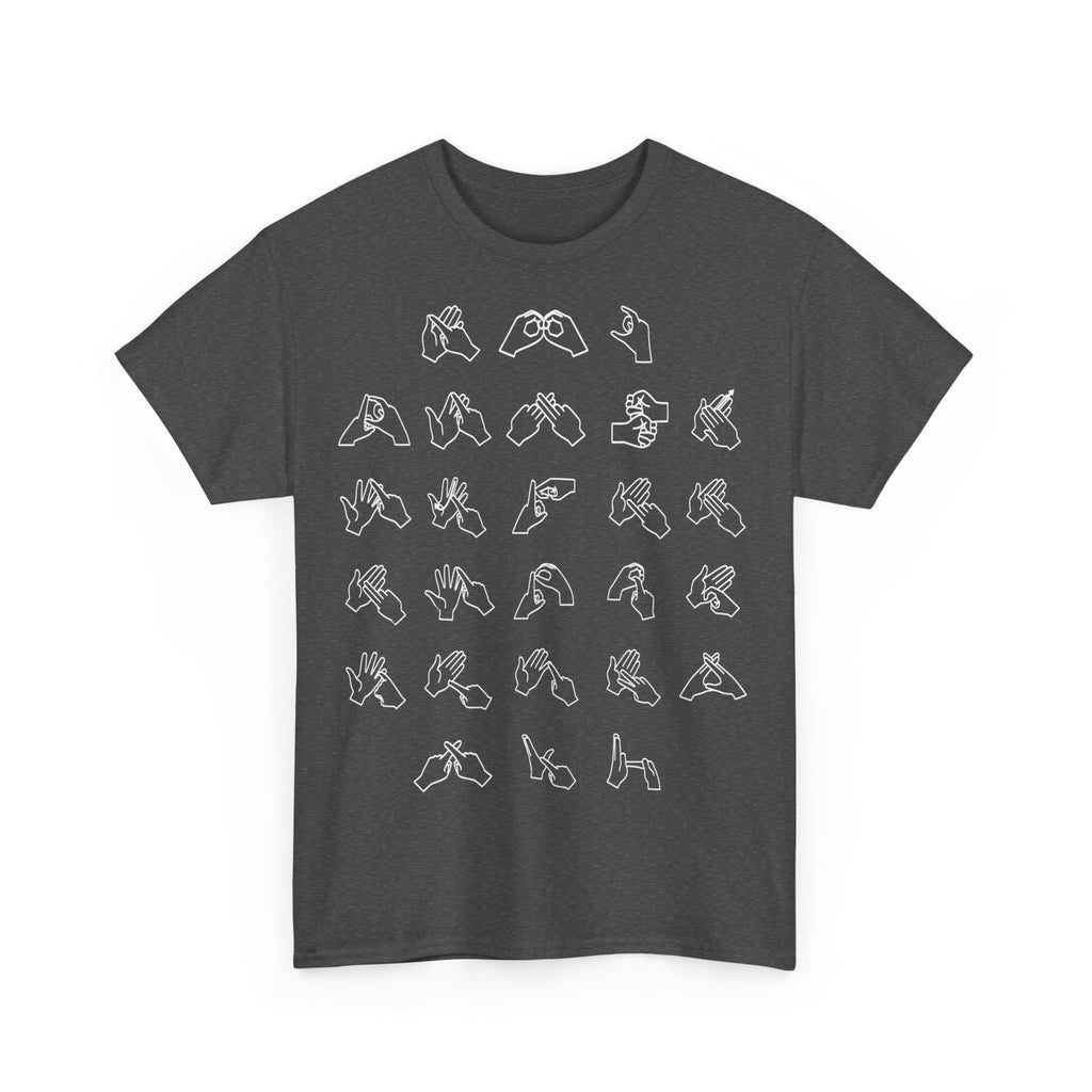 Front view of a Dark Heather t-shirt with BSL Alphabet - White Fingerspelling