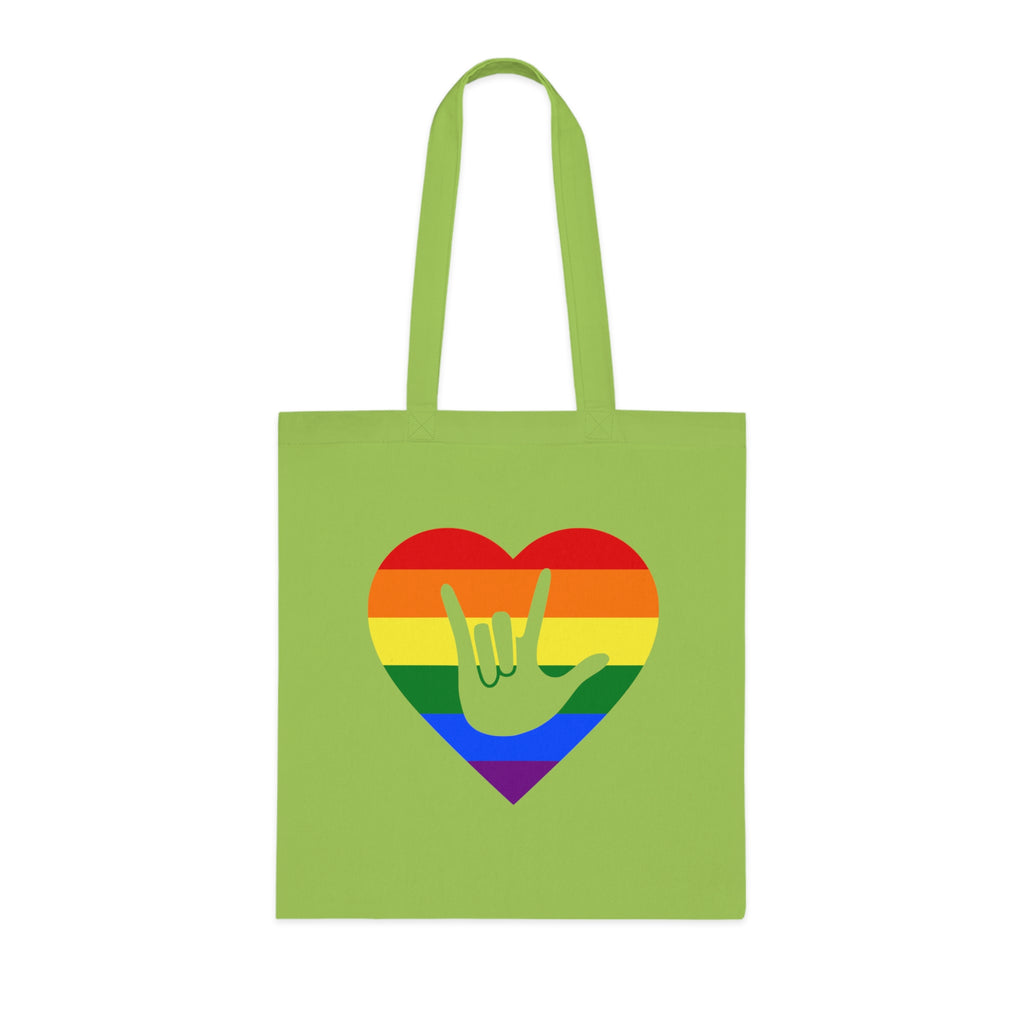 Lime Tote Bag showing a Pride coloured heart and the iconic ASL I Love You sign embedded in it