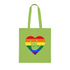 Lime Tote Bag showing a Pride coloured heart and the iconic ASL I Love You sign embedded in it