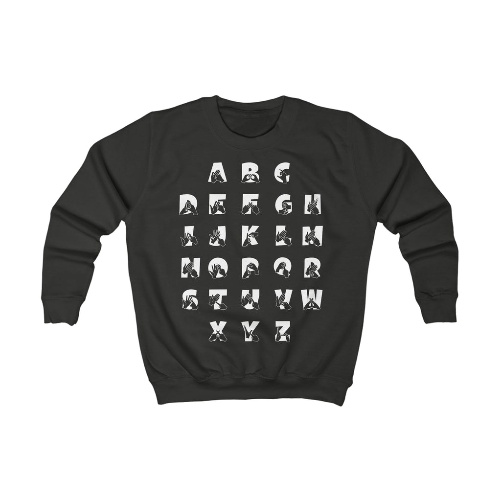 Front view of a jet black sweatshirt with BSL Alphabet - white Fingerspelling & Text