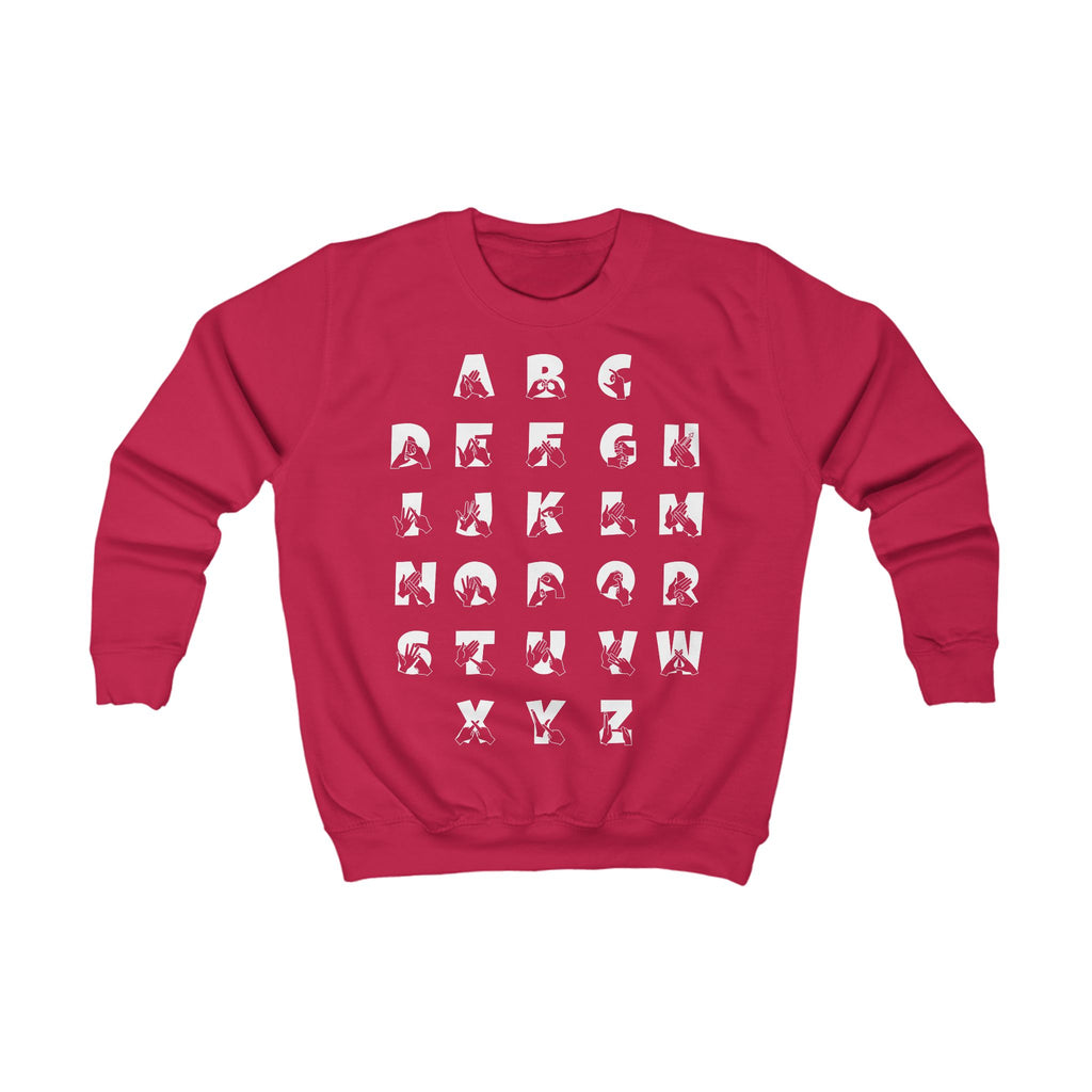 Front view of a fire red sweatshirt with BSL Alphabet - white Fingerspelling & Text