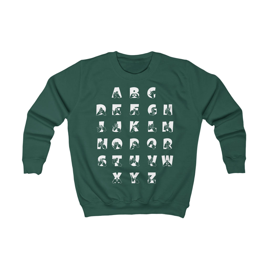 Front view of a bottle green sweatshirt with BSL Alphabet - white Fingerspelling & Text
