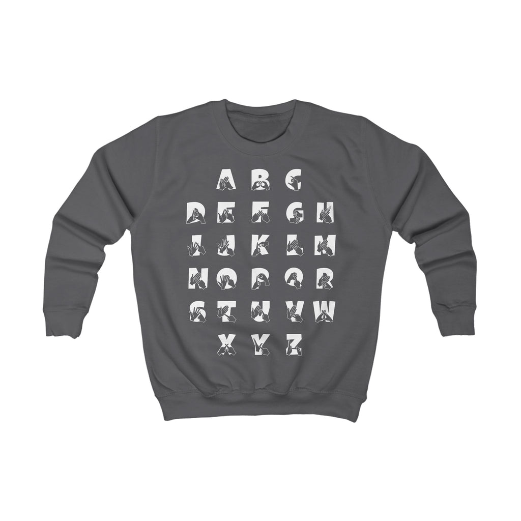 Front view of a charcoal sweatshirt with BSL Alphabet - white Fingerspelling & Text