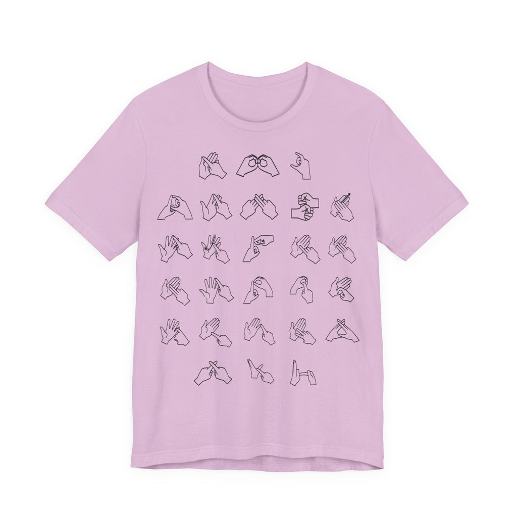 Front view of a lilac t-shirt with BSL Alphabet - Black Fingerspelling