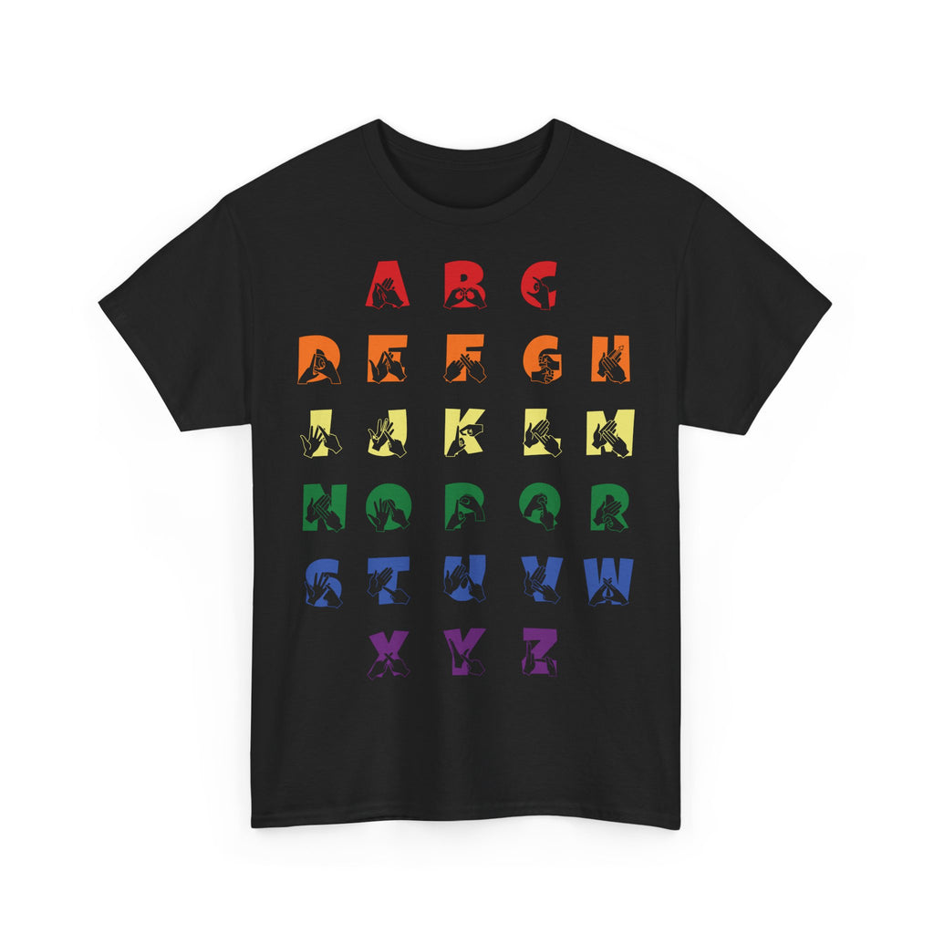 Front view of a Black t-shirt with BSL Alphabet - Pride Fingerspelling & Text