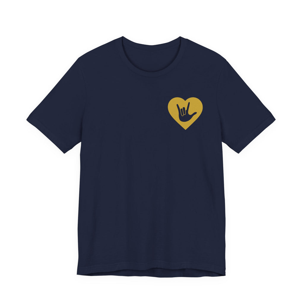 Front view of a navy T-Shirt showing a gold coloured heart and the iconic ASL I Love You sign embedded in it on the left side of the chest