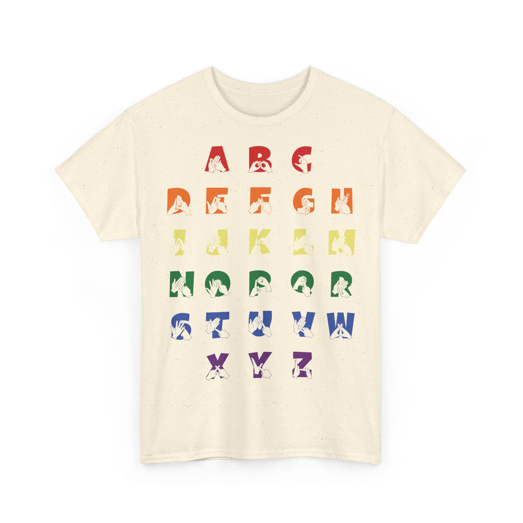 Front view of a Natural t-shirt with BSL Alphabet - Pride Fingerspelling & Text
