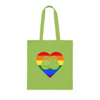 Lime Tote Bag showing a Pride coloured heart and the iconic BSL Love sign embedded in it