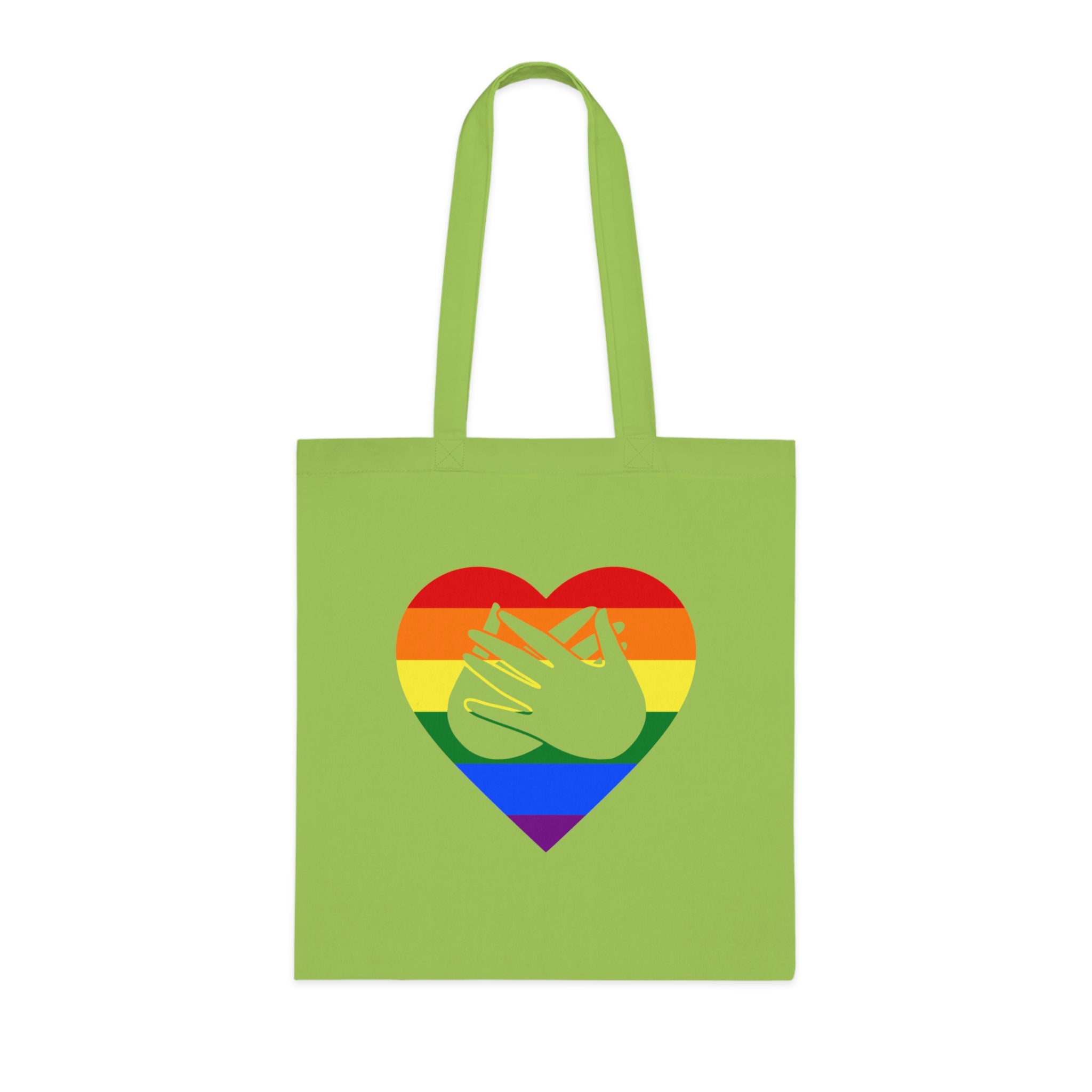 Lime Tote Bag showing a Pride coloured heart and the iconic BSL Love sign embedded in it