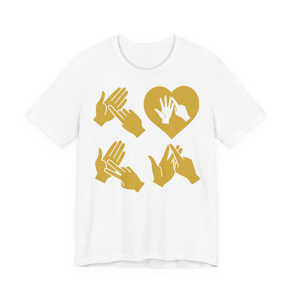 Front view of a white T-Shirt with the word Love in gold BSL Fingerspelling with the 'O' embedded in a heart shape